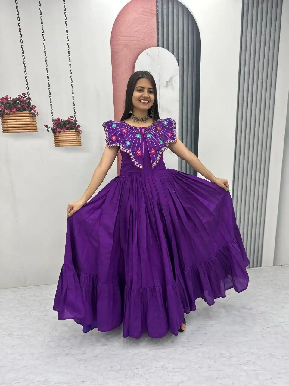 Lovely Purple Roman Thread Khatli Work Gown