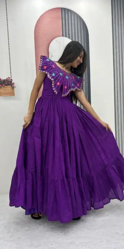 Lovely Purple Roman Thread Khatli Work Gown