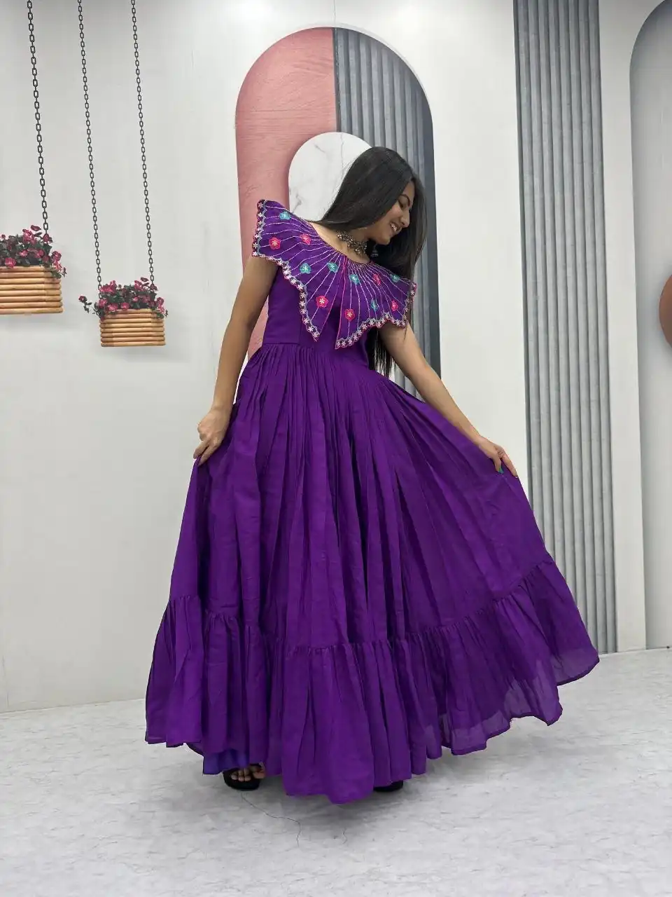Lovely Purple Roman Thread Khatli Work Gown