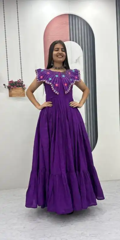 Lovely Purple Roman Thread Khatli Work Gown
