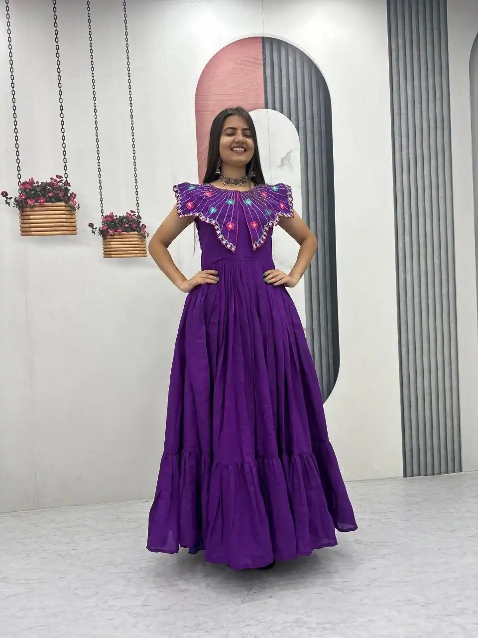 Lovely Purple Roman Thread Khatli Work Gown