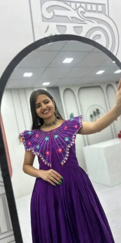 Lovely Purple Roman Thread Khatli Work Gown