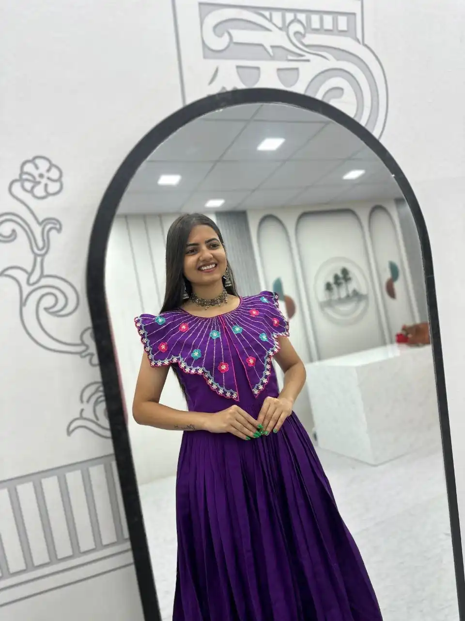 Lovely Purple Roman Thread Khatli Work Gown