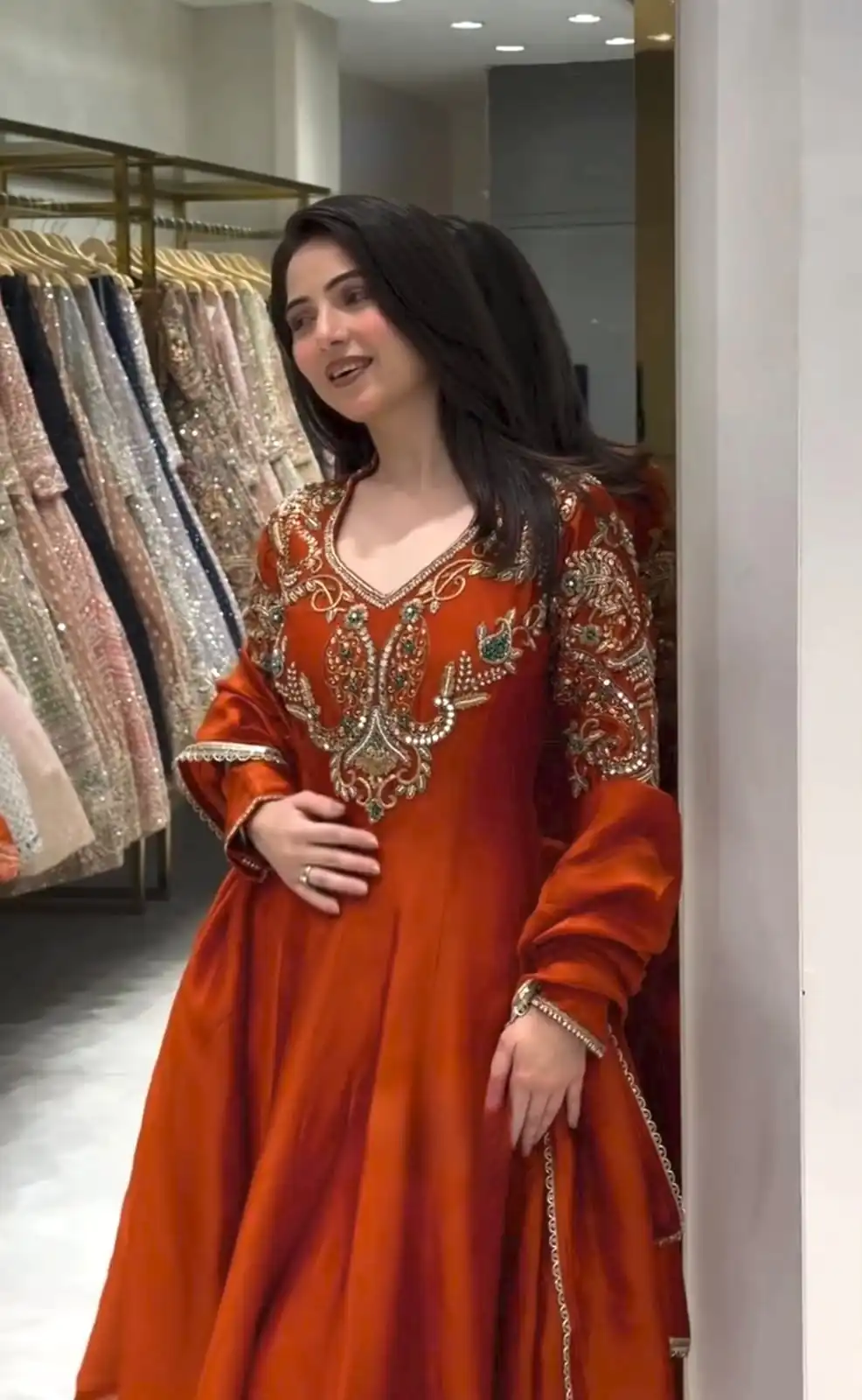 Lovely Rust Roman Silk Beads Embroidery Work Gown