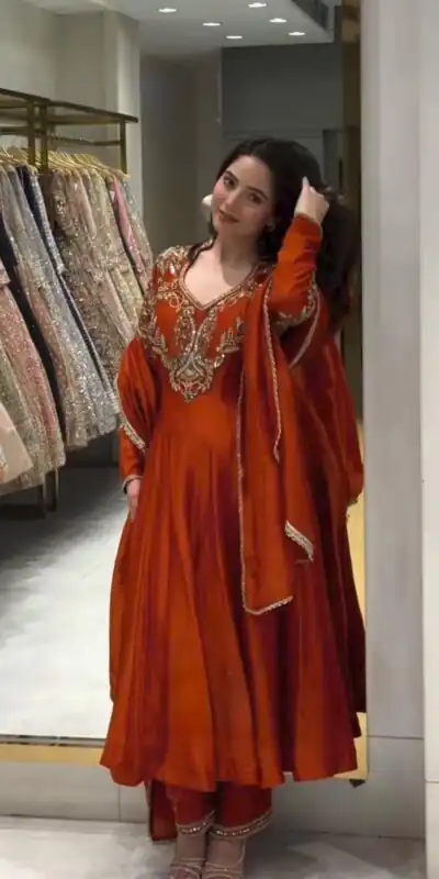 Lovely Rust Roman Silk Beads Embroidery Work Gown