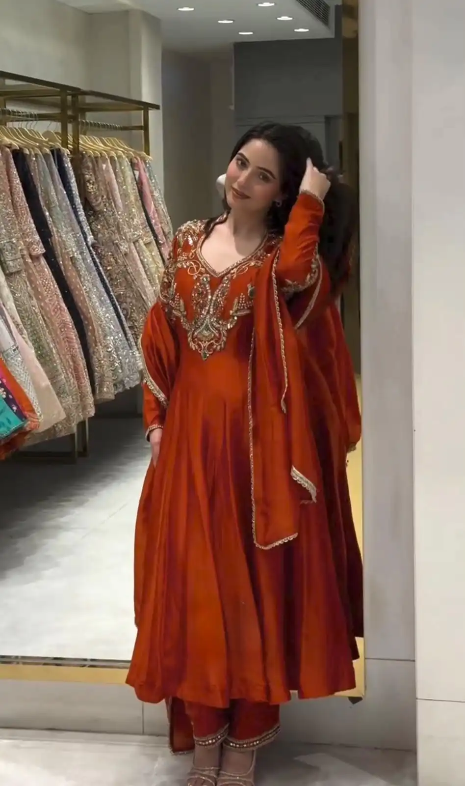 Lovely Rust Roman Silk Beads Embroidery Work Gown