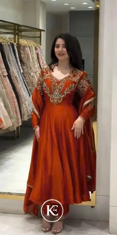 Lovely Rust Roman Silk Beads Embroidery Work Gown