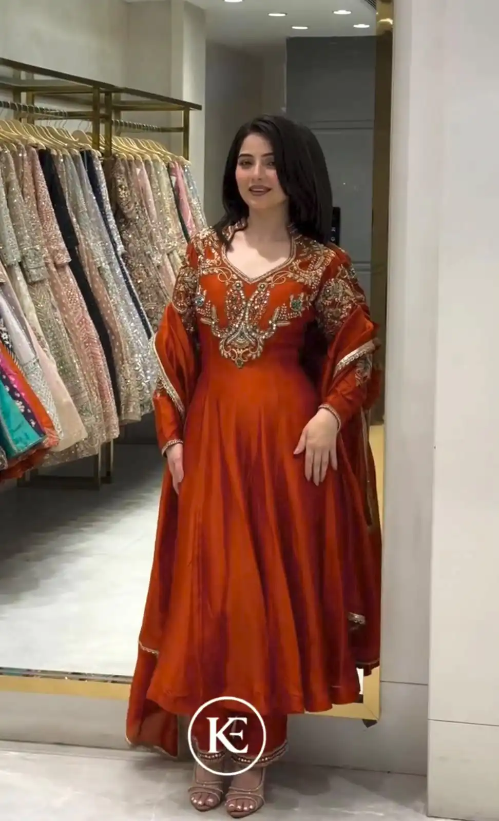 Lovely Rust Roman Silk Beads Embroidery Work Gown