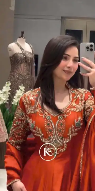 Lovely Rust Roman Silk Beads Embroidery Work Gown