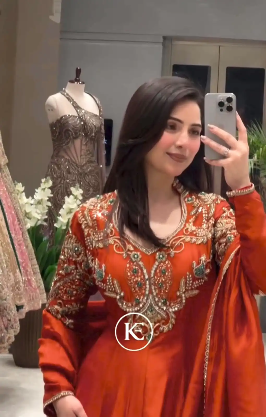 Lovely Rust Roman Silk Beads Embroidery Work Gown