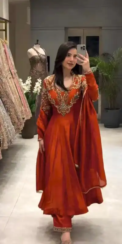 Lovely Rust Roman Silk Beads Embroidery Work Gown