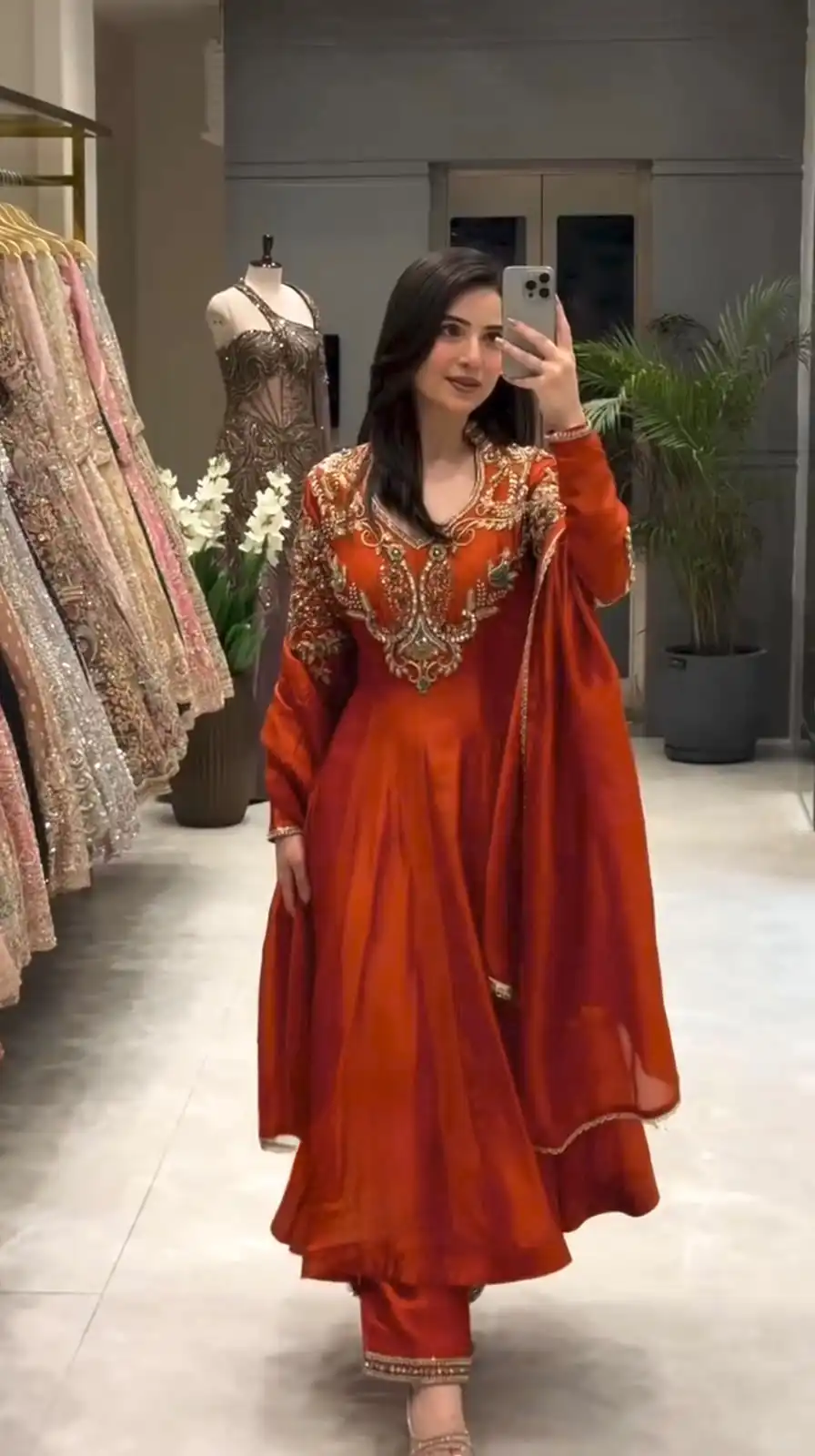 Lovely Rust Roman Silk Beads Embroidery Work Gown