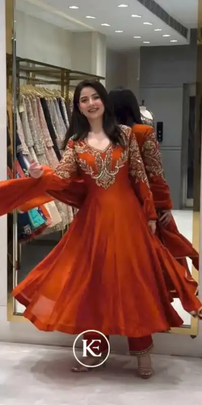 Lovely Rust Roman Silk Beads Embroidery Work Gown