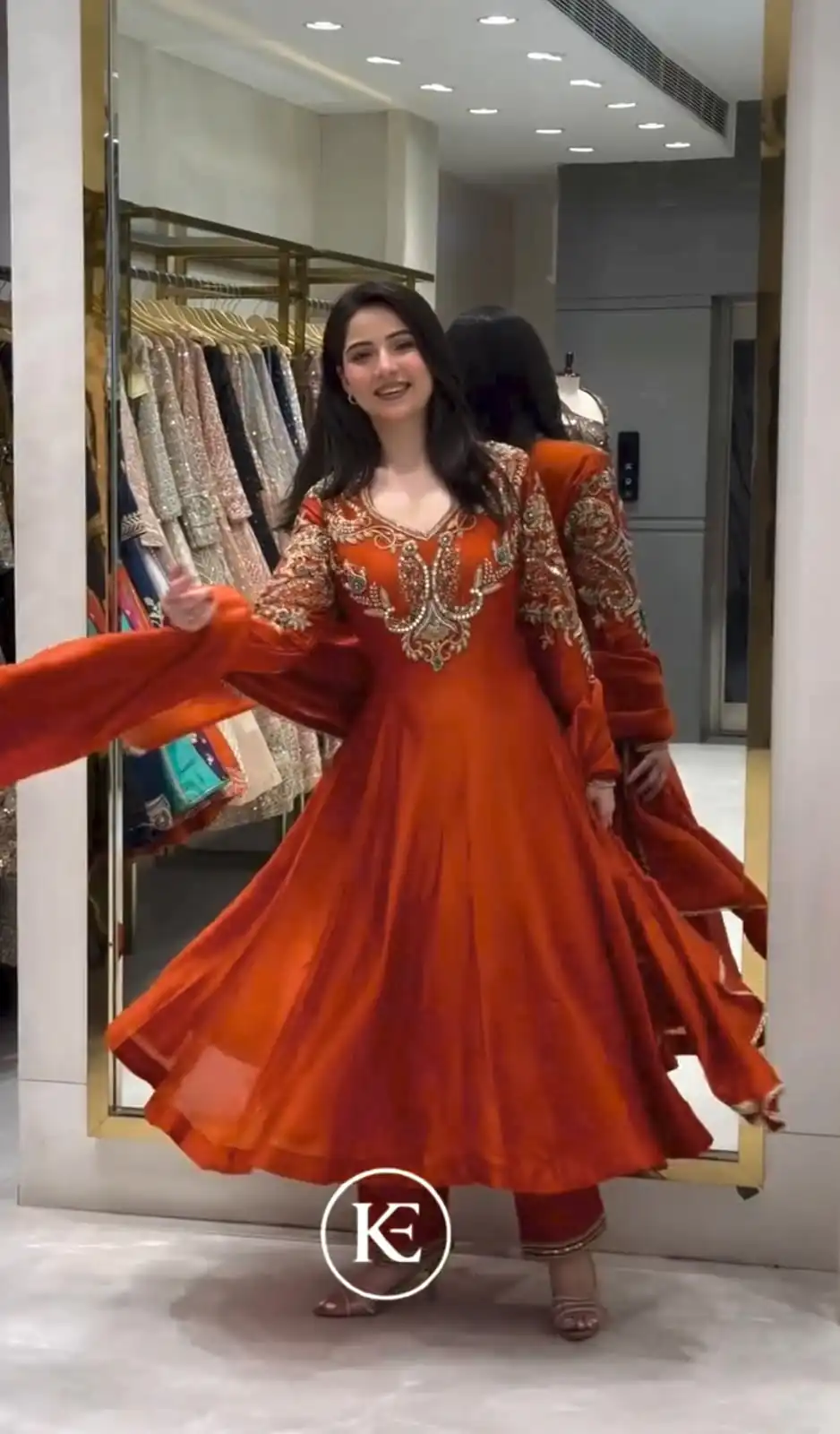 Lovely Rust Roman Silk Beads Embroidery Work Gown