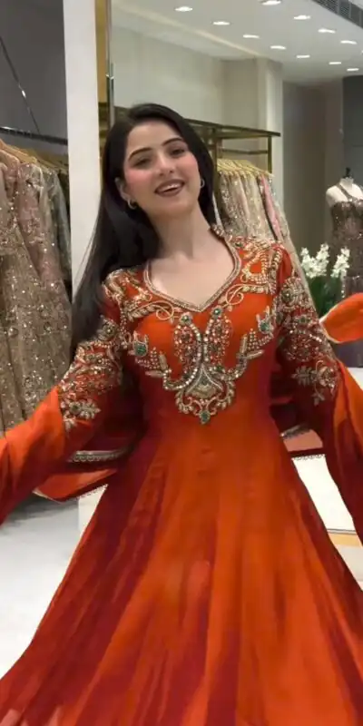 Lovely Rust Roman Silk Beads Embroidery Work Gown