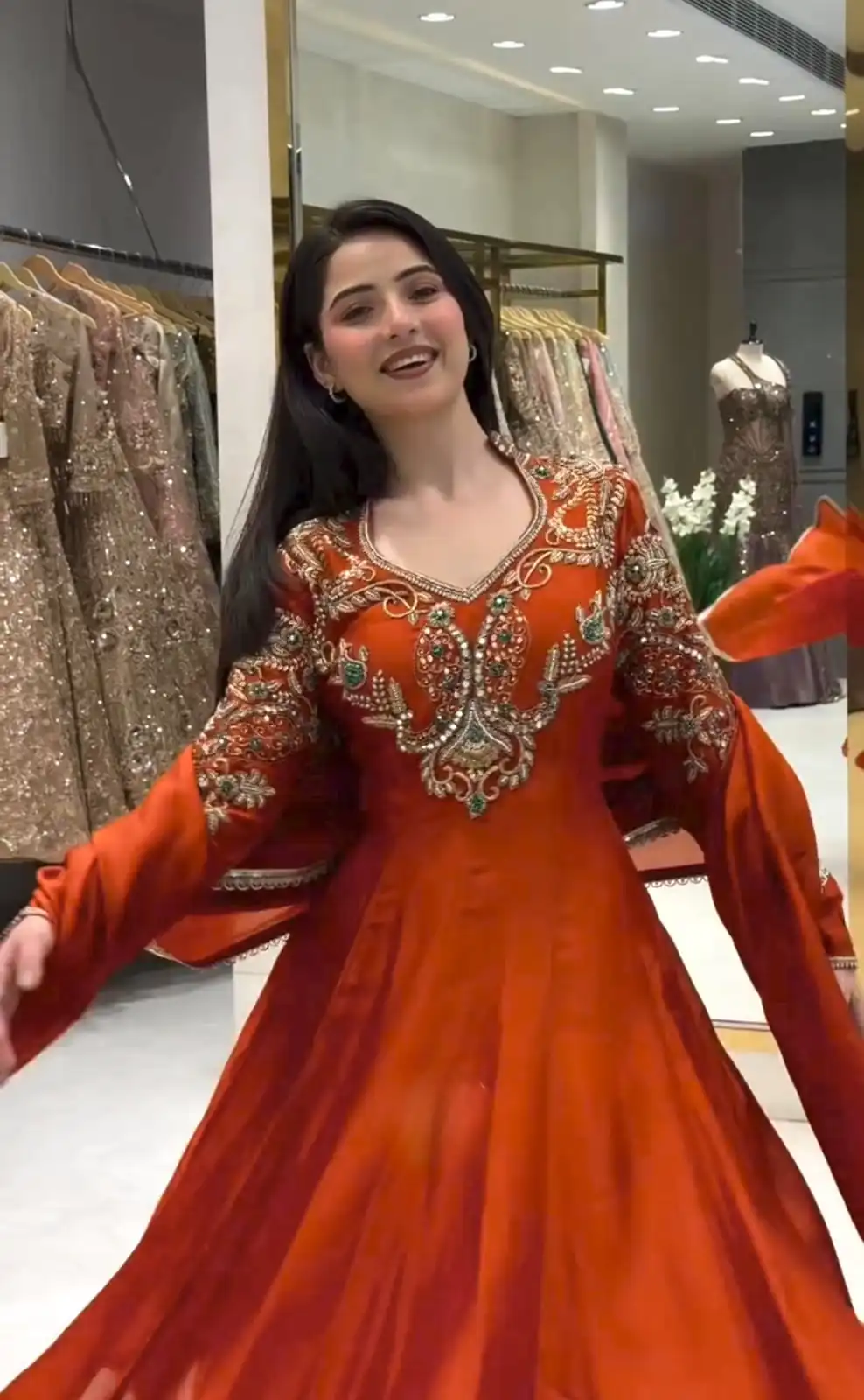 Lovely Rust Roman Silk Beads Embroidery Work Gown