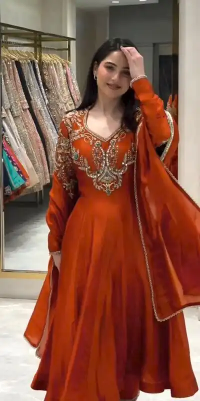 Lovely Rust Roman Silk Beads Embroidery Work Gown