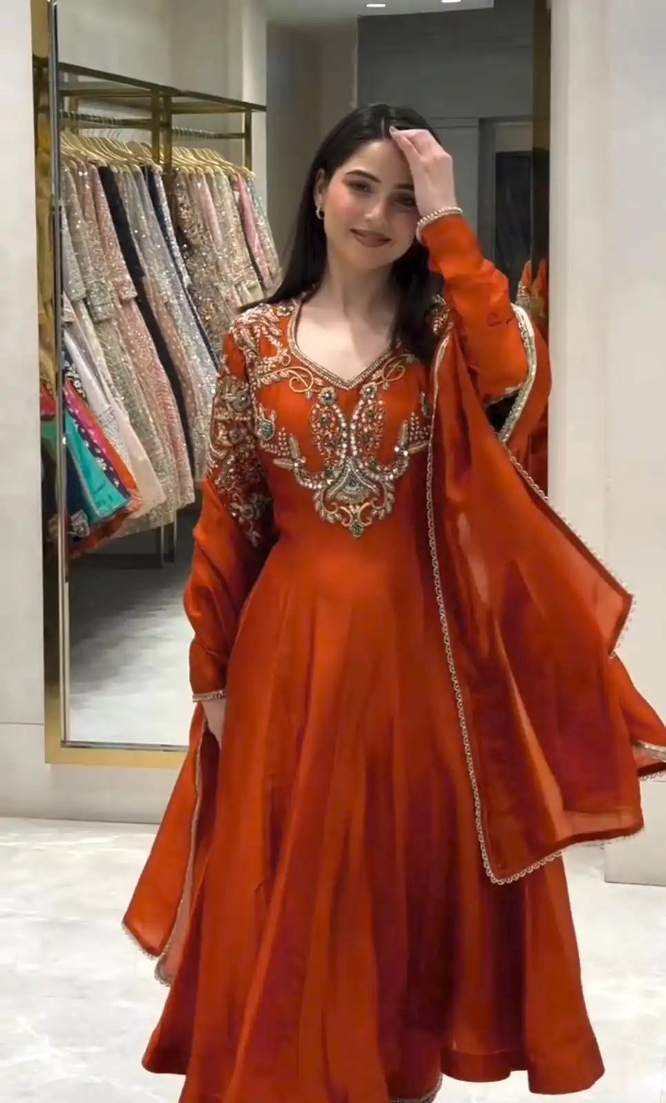 Lovely Rust Roman Silk Beads Embroidery Work Gown