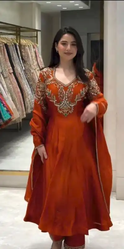 Lovely Rust Roman Silk Beads Embroidery Work Gown
