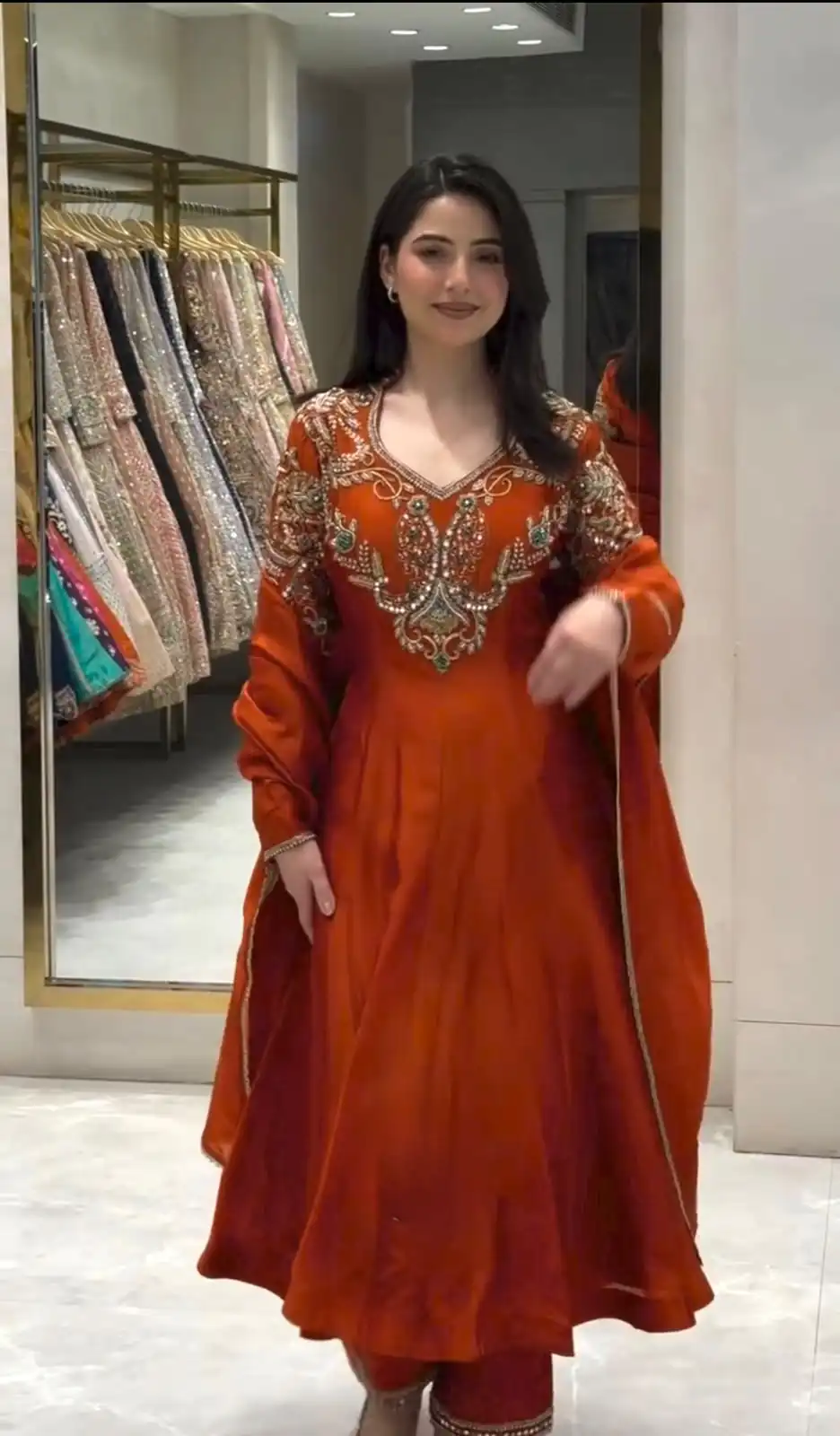 Lovely Rust Roman Silk Beads Embroidery Work Gown