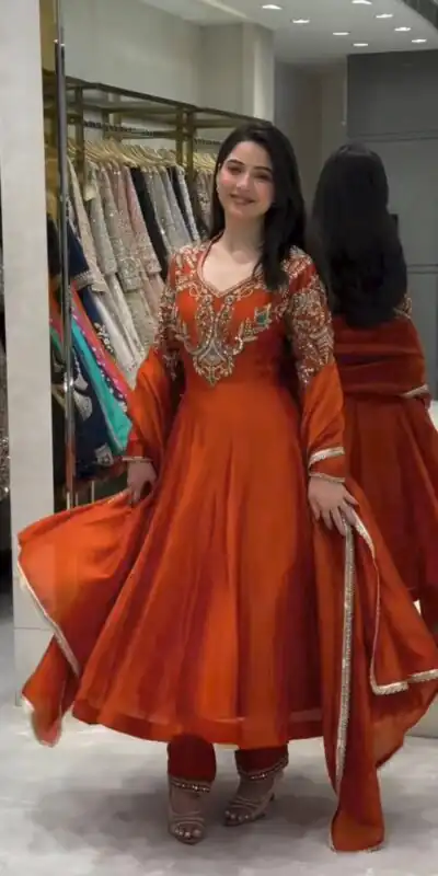 Lovely Rust Roman Silk Beads Embroidery Work Gown