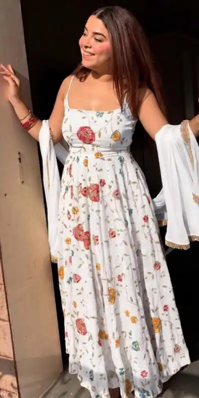 Lovely White Crushi Silk Hand Embroidery Work Anarkali Suit