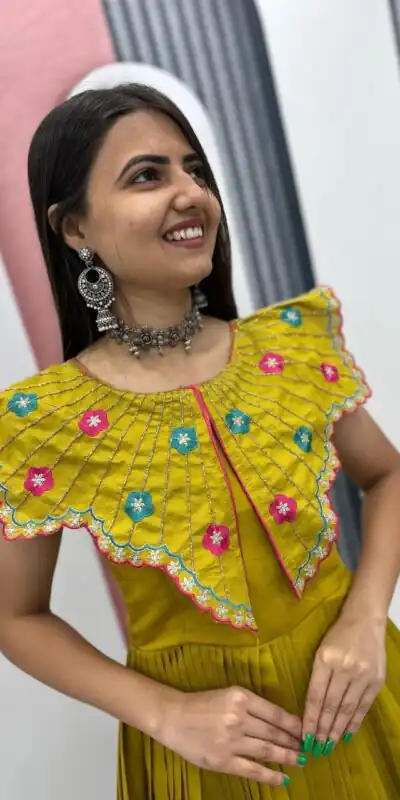 Lovely Yellow Roman Thread Khatli Work Gown