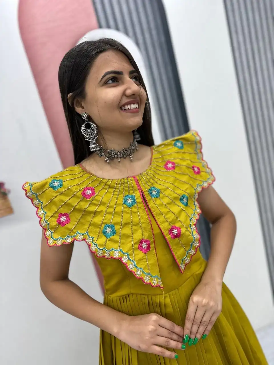 Lovely Yellow Roman Thread Khatli Work Gown