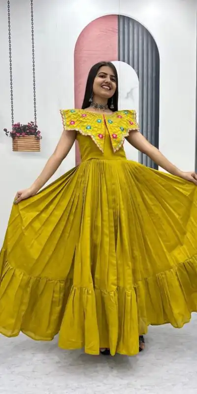 Lovely Yellow Roman Thread Khatli Work Gown