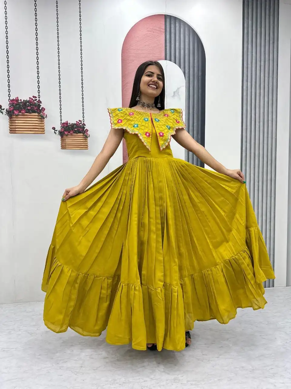 Lovely Yellow Roman Thread Khatli Work Gown