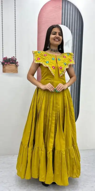 Lovely Yellow Roman Thread Khatli Work Gown