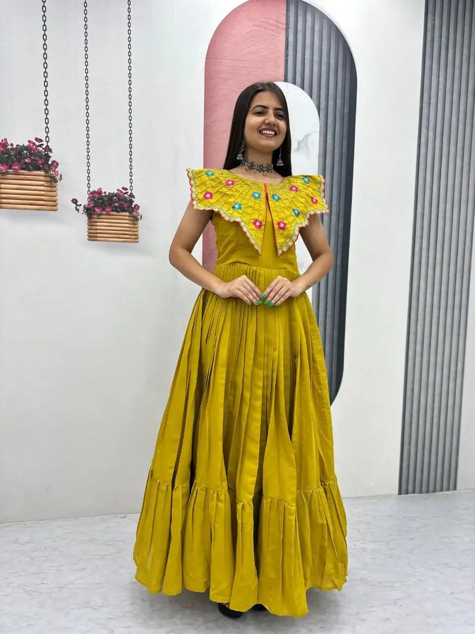 Lovely Yellow Roman Thread Khatli Work Gown