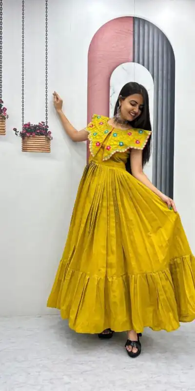 Lovely Yellow Roman Thread Khatli Work Gown