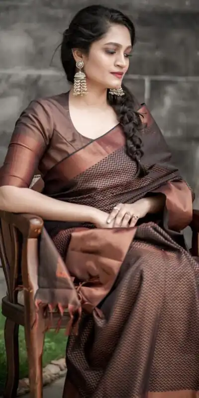 Magical Brown Soft Lichi Jacquard Work Saree