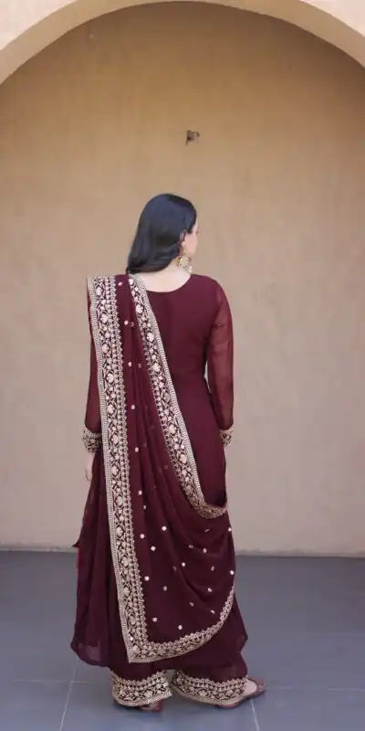 Magical Maroon Faux Blooming Sequence Work Gown