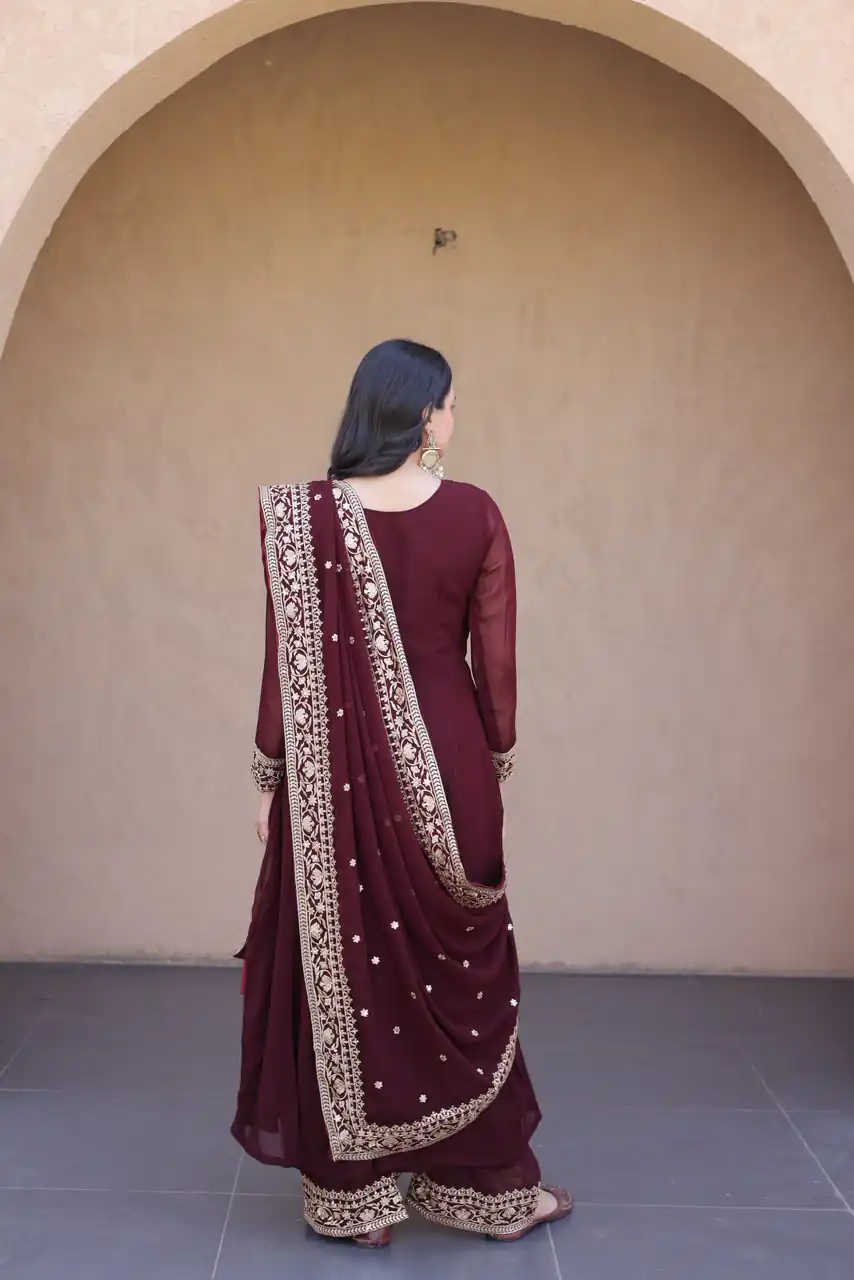 Magical Maroon Faux Blooming Sequence Work Gown