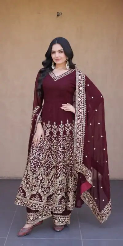 Magical Maroon Faux Blooming Sequence Work Gown
