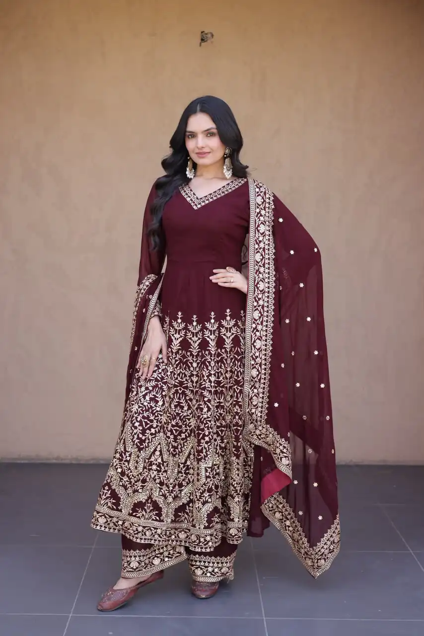 Magical Maroon Faux Blooming Sequence Work Gown