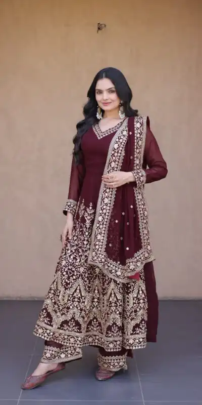 Magical Maroon Faux Blooming Sequence Work Gown