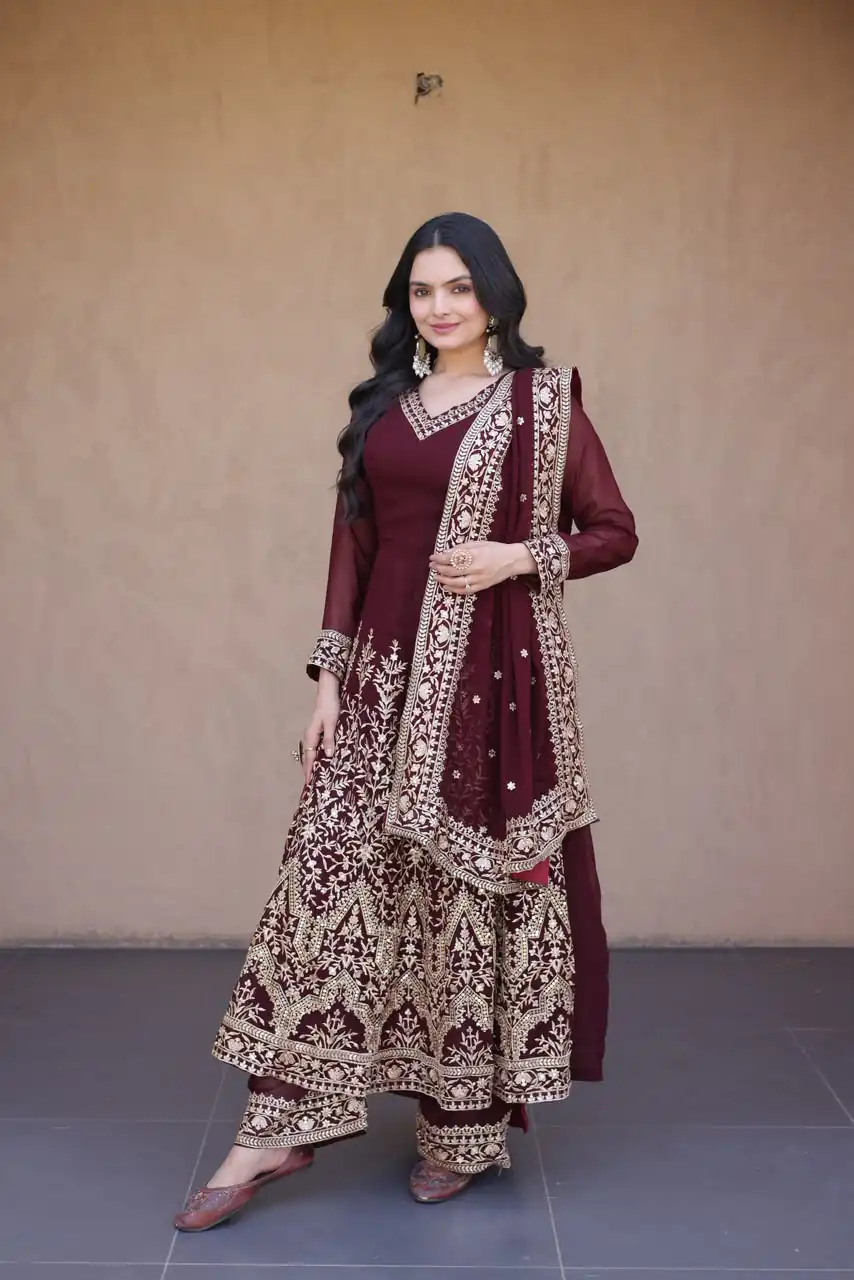 Magical Maroon Faux Blooming Sequence Work Gown
