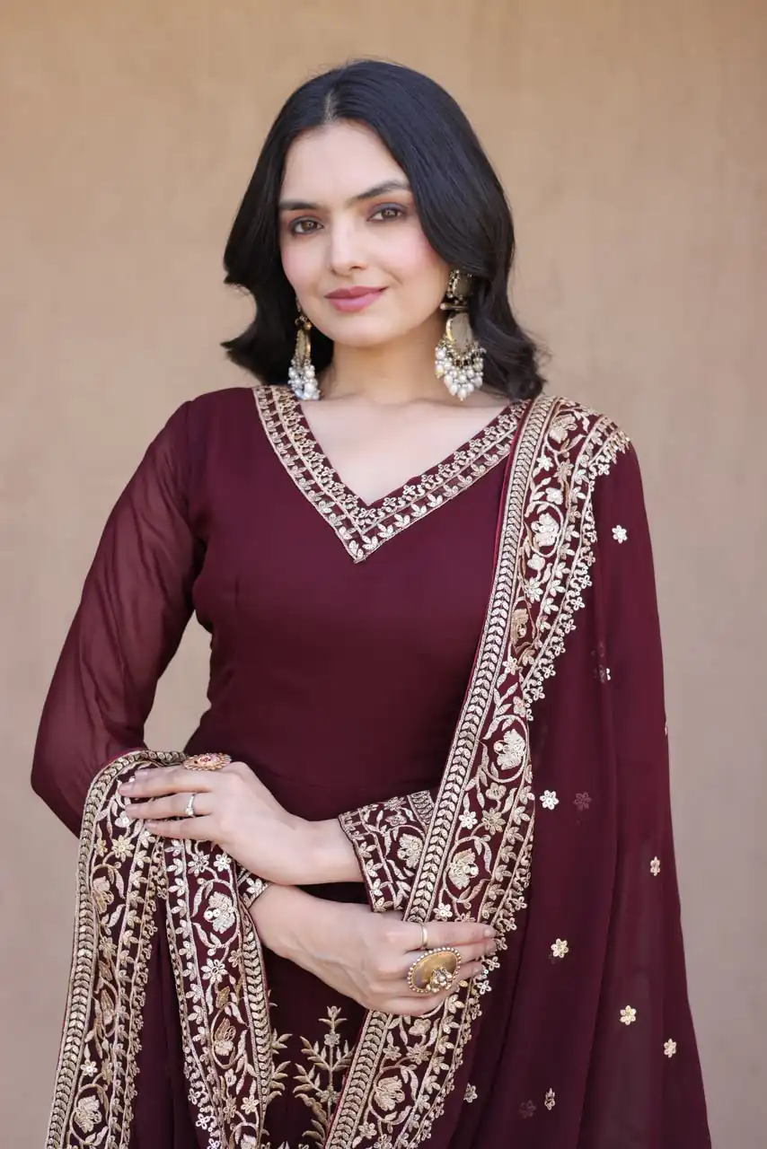 Magical Maroon Faux Blooming Sequence Work Gown