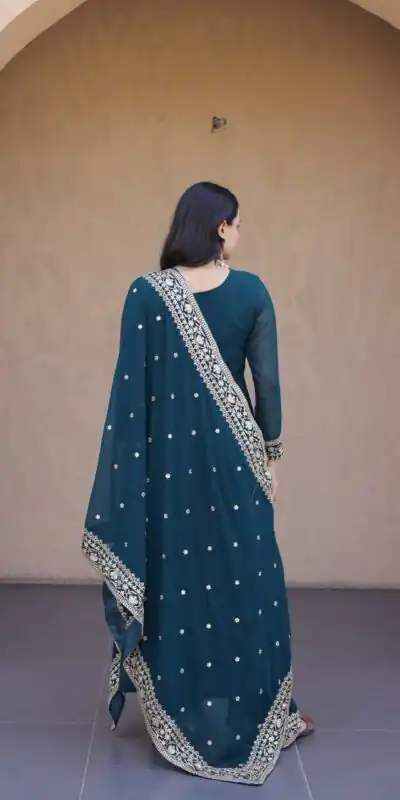 Magical Teal Faux Blooming Sequence Work Gown