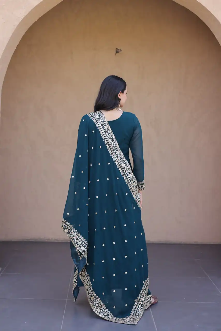 Magical Teal Faux Blooming Sequence Work Gown