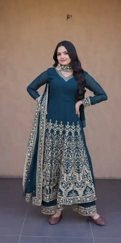 Magical Teal Faux Blooming Sequence Work Gown
