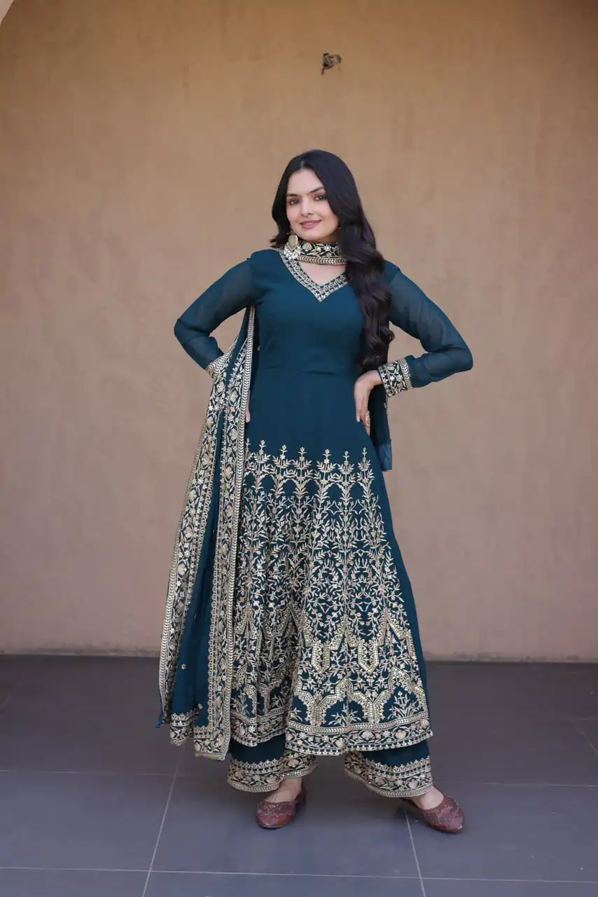 Magical Teal Faux Blooming Sequence Work Gown