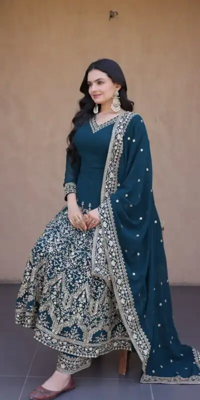 Magical Teal Faux Blooming Sequence Work Gown