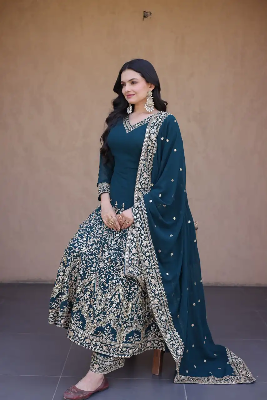 Magical Teal Faux Blooming Sequence Work Gown