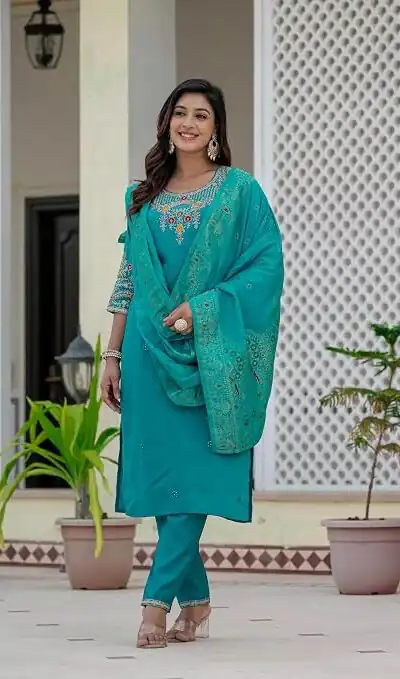 Nice Firozi Roman Silk Sequins Work Salwar Suit