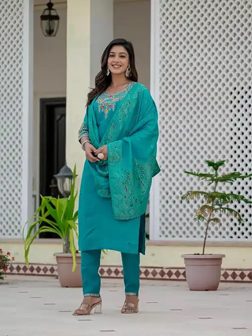 Nice Firozi Roman Silk Sequins Work Salwar Suit
