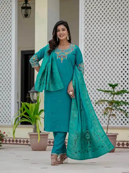 Nice Firozi Roman Silk Sequins Work Salwar Suit